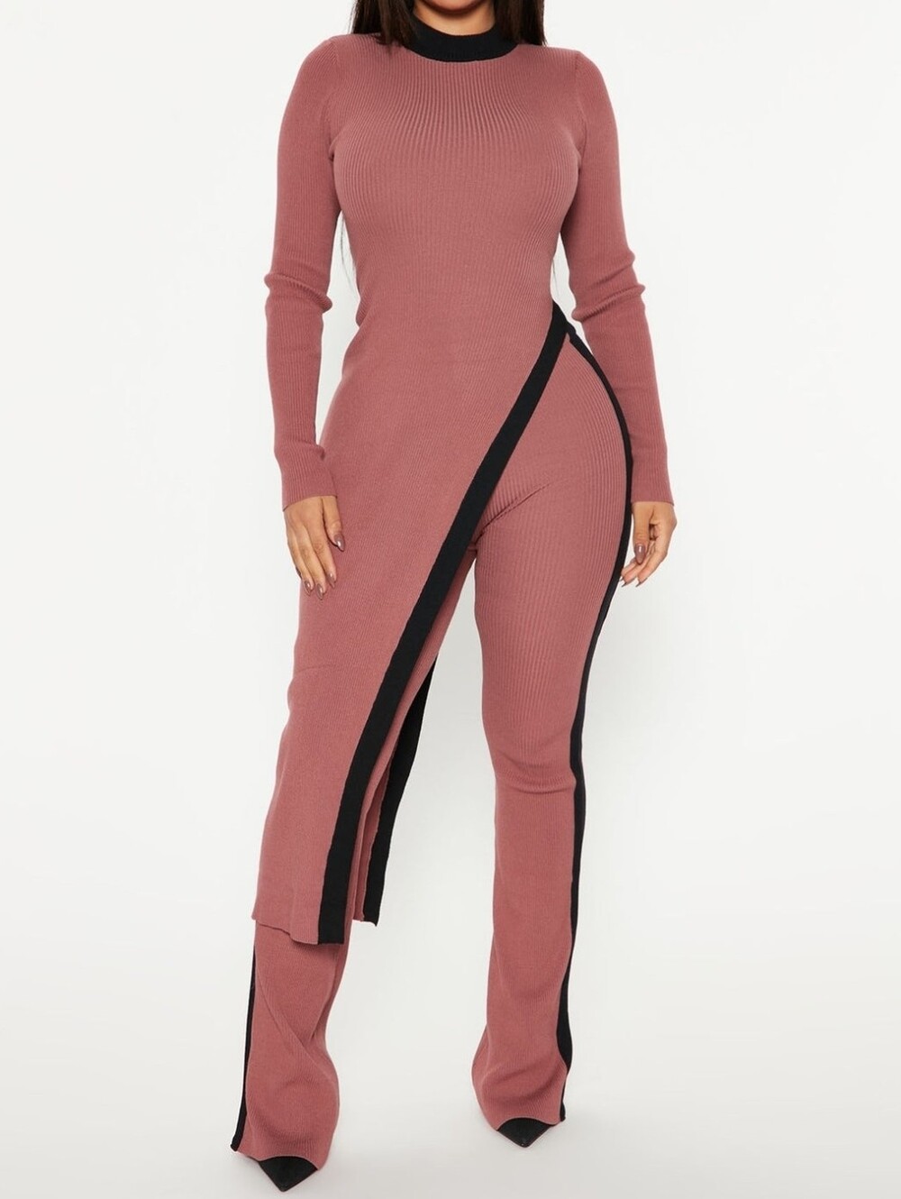 Ribbed Mauve Asymmetric Jumpsuit with Black Trim